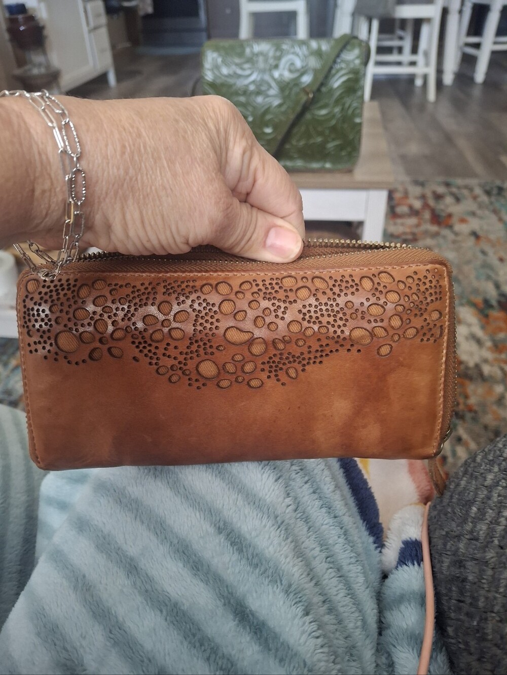 Women’s Brown Leather Zip Wallet with Decorative Cutouts